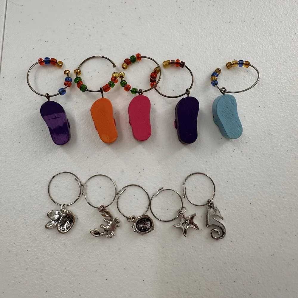 Wine Glass Charms Set 10 Beach Flip Flops Sea Bee Starfish‎ Drink Identifiers